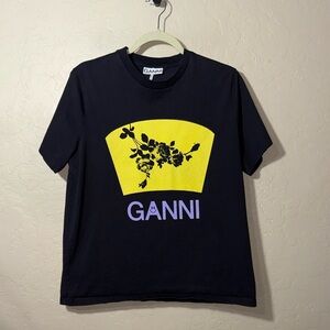Ganni yellow floral graphic print designer t shirt size medium 100% cotton
